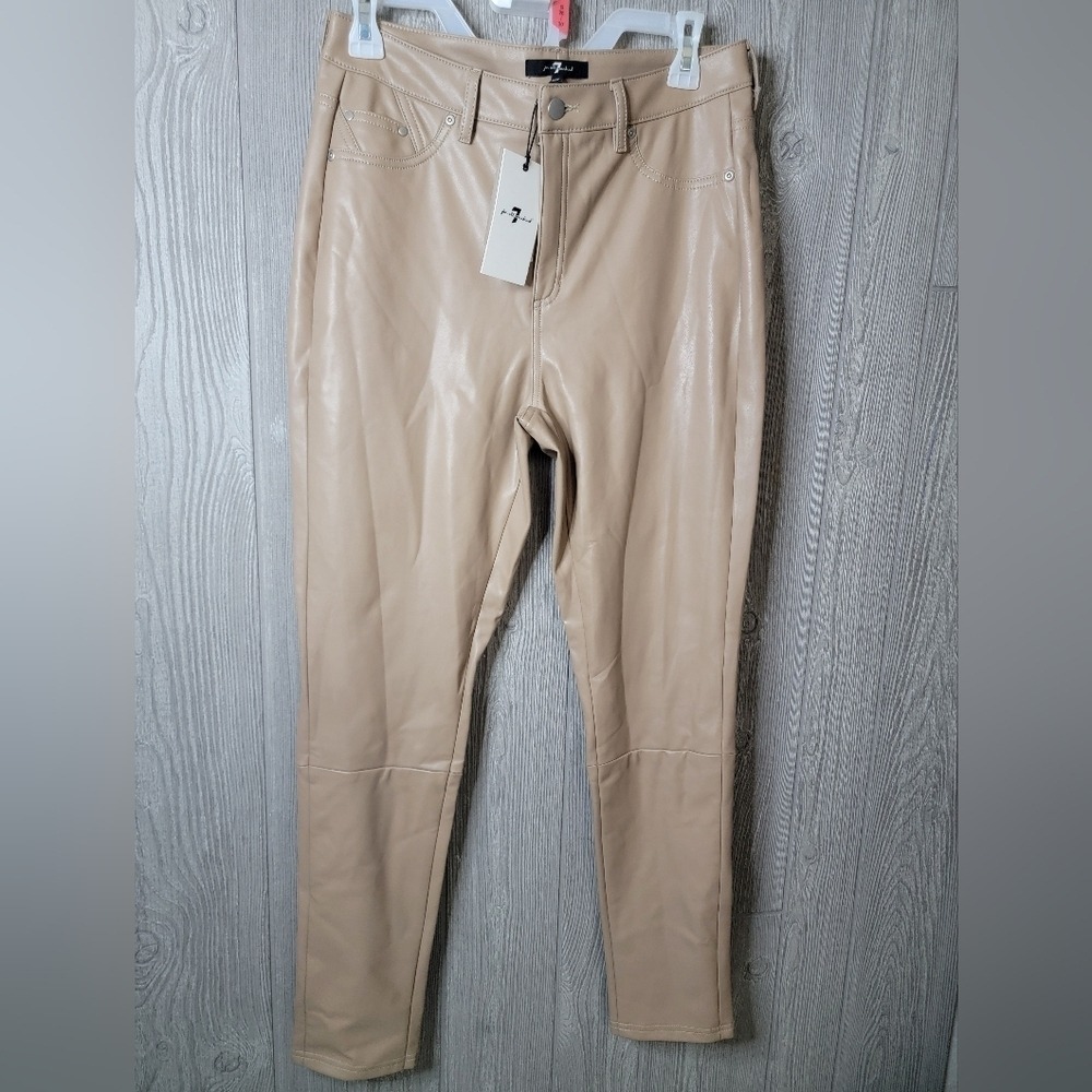7 For All Mankind Faux Leather Skinny Pants Beige High Rise Sand NWT Size M